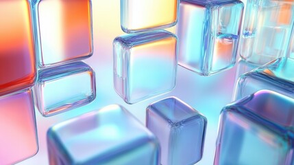 Floating Glass Squares on Pastel Background with Ethereal Reflections and Shadows