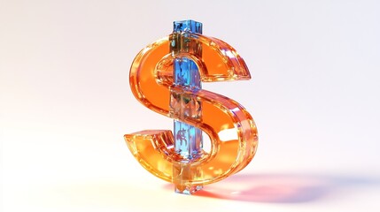 Wall Mural - A translucent, orange and blue dollar sign stands on a white surface, its glassy texture catching and refracting light.