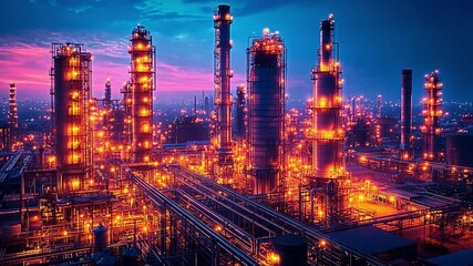 Poster - Illuminated industrial complex at dusk showcasing towers and pipelines under a vibrant sky