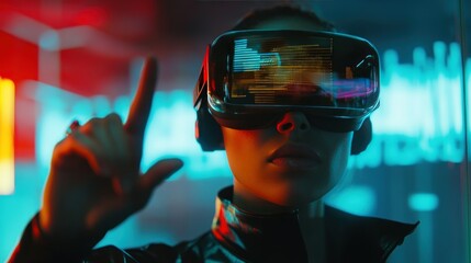 Women wearing VR goggles posing finger pointing and touching on the air connecting to internet metaverse system with holographic screen