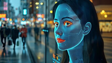 Poster - Woman interacting with digital hologram in urban environment during evening hours