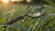 © Justlight - Antique magnifying glass focusing on a soap bubble, reflecting vibrant rainbow colors against green grass adorned with morning dew, capturing the essence of sunrise in nature