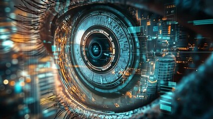 Poster - Technological fusion of a human eye reflecting a futuristic city skyline at night