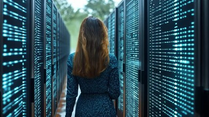 Poster - Woman exploring a high-tech server room filled with glowing data panels on a sunny day