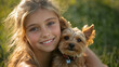 © Ari - Caucasian blond girl holding pet dog playing on grass outside together