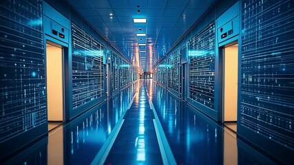 Poster - Futuristic hallway illuminated by digital projections in a modern technology facility at night