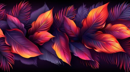 Poster - Exotic tropical leaves showcase vivid hues of orange, purple, and dark green, creating a striking contrast against a deep black backdrop for a captivating visual experience.