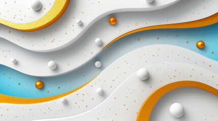 Poster - Curved lines flow in a mix of white, blue, and gold, creating an elegant abstract design. Small spheres and glittery accents add depth and dimension, enhancing the artistic appeal of the composition.