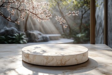 Leinwandbilder - Minimalist White Pedestal Display in Soft Natural Light on Textured Beige Background for Product Presentation and Marketing