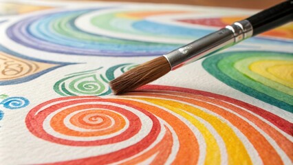 Poster - Paintbrush creating vibrant rainbow spirals and swirls on textured white paper, forming a lively and artistic design full of color and creativity