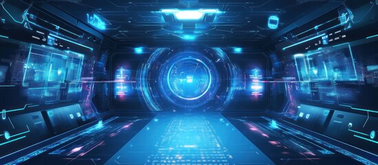 Futuristic digital tunnel with glowing screens and central portal.