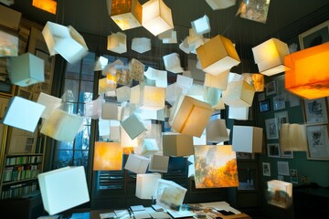 Poster - Artistic Display of Suspended Light Boxes Creating a Magical Atmosphere in an Elegant Room with Warm Tones and Contemporary Flair