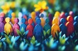 © Worrapol - Colorful wooden figures in a vibrant garden setting surrounded by greenery and blooming flowers, representing community and togetherness concept