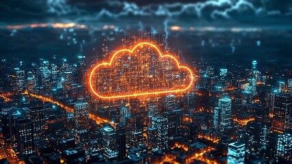 Poster - Illuminated cloud symbol over a city skyline during a thunderstorm at night