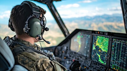 Poster - Strategic operations command center military base holographic displays high-tech environment aerial view futuristic technology
