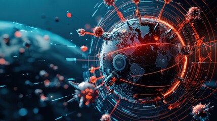 Leinwandbilder - Digital storm cyber attack simulation engulfing standard systems in a virtual environment from an aerial viewpoint