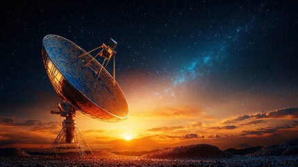 Poster - Transmitting signals from satellite uplink station remote location communication signals twilight environment technological viewpoint satellite uplink concept