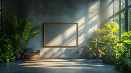 Poster - Modern Office Interior with Empty Frame Bright Natural Lighting and Green Plants