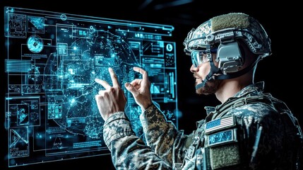 Leinwandbilder - Soldier engaging with holographic display in tactical command center digital interaction military environment futuristic perspective advanced technology integration