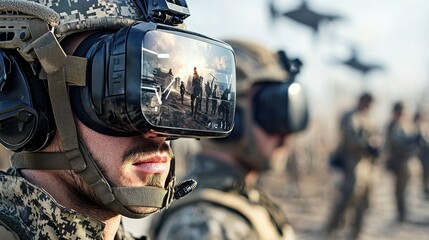 Poster - Soldiers coordinating tactics using augmented reality visors in military operations in field environments for enhanced strategy coordination