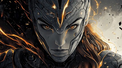 Wall Mural - A fierce warrior with glowing eyes in a detailed metallic helmet, exuding power and intensity.