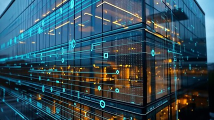 Poster - Nighttime view of a modern glass building with a digital data overlay highlighting tech innovation