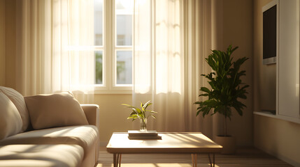 Poster - A clean living room with a beige sofa, a small coffee table, and soft light streaming through the window, styled for calm living