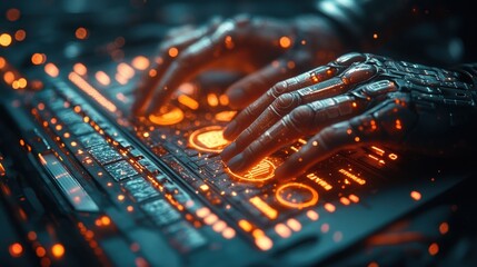 Poster - Digital Marketing Strategy for Business Growth with Laptop in Cyberpunk Environment and Holographic Technologies