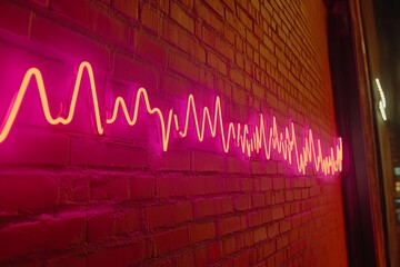 Poster - Creative Neon Light Display on a Brick Wall Featuring Vibrant Pink Wave Pattern for Artsy Backgrounds and Modern Interior Decor Designs