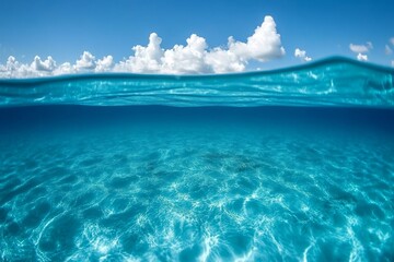 Wall Mural - crystal clear tropical waters with gentle waves beneath a bright blue sky and fluffy white clouds in