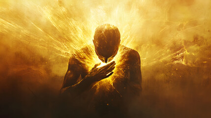 Aufkleber - A figure gripping their chest with both hands, golden light radiating faintly from within, representing inner strength