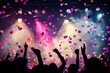 © Planetz - Vibrant Celebration of Joy with Colorful Confetti Falling Amidst Energetic Party Atmosphere and Enthusiastic Crowd Raising Hands in Excitement