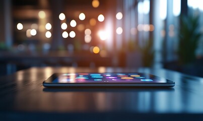 Tablet on table in cafe.