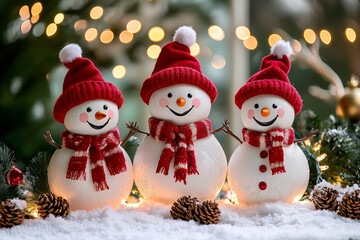 Poster - Three smiling snowmen celebrating christmas with red hats and scarves