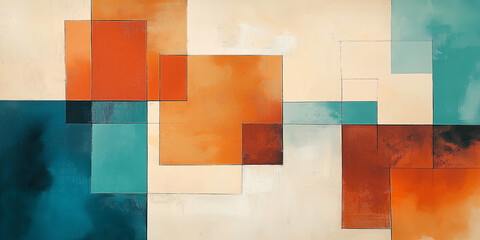 Leinwandbilder - Abstract painting featuring interlocking teal and orange rectangles on beige canvas