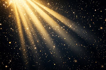 Poster - Ethereal Golden Light Rays Illuminating a Starry Night Sky with Sparkling Particles and a Deep Black Background for a Captivating and Dreamy Atmosphere