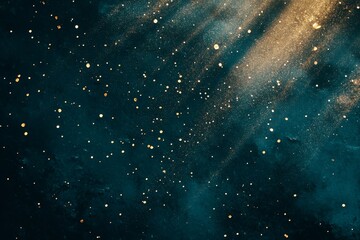Poster - Ethereal Light Rays Illuminating Golden Particles Against a Deep Blue Background in an Abstract Celestial Scene for Creative Visuals