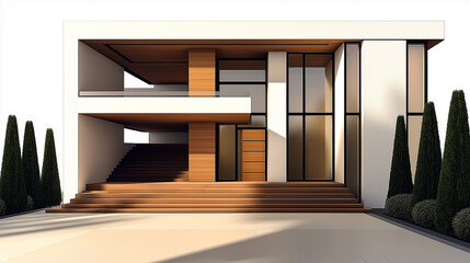 Poster - Luxurious house facade with wooden details and cypress trees at sunset