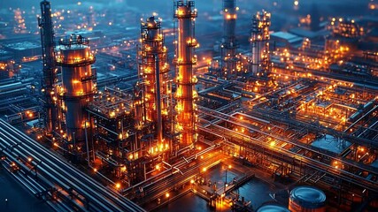Poster - Illuminated industrial refinery at night showcasing complex network of pipes and towers