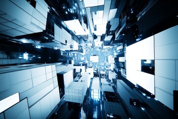 Poster - Futuristic Abstract Cityscape with Glowing Geometric Structures and Reflective Surfaces in a Dynamic Perspective Creating a Techno-Optimistic Atmosphere
