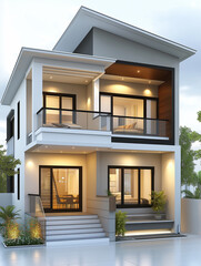 Poster - Modern two-story house with balcony and illuminated interior at dusk