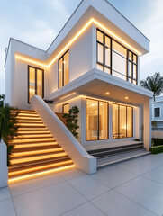 Poster - Modern white villa exterior with illuminated wooden staircase at dusk