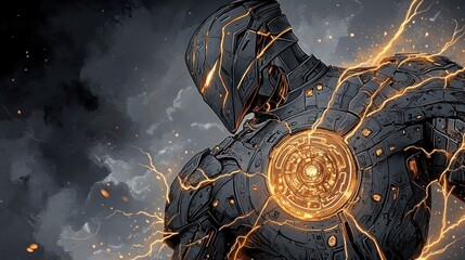 Wall Mural - A futuristic armored figure with glowing elements, exuding a powerful and dynamic presence.