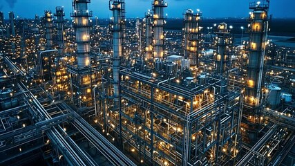 Poster - Industrial complex illuminated at dusk showcasing intricate piping and towering structures