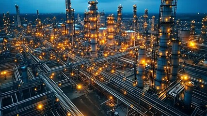 Poster - Industrial oil refinery illuminated at night showcasing complex structure and vivid lights