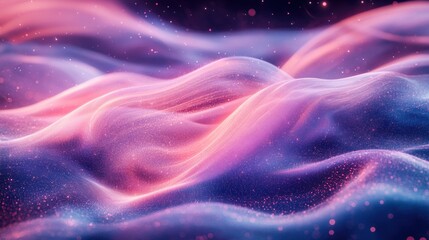 Poster - abstract flowing waves background with glowing particles in pink blue and purple colors