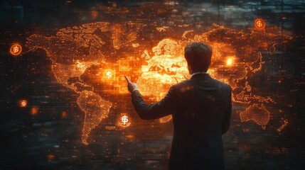 Aufkleber - Global Currency Exchange Businessman Virtual World Map with Dollar Euro Yen Yuan Pound Sterling Financial Symbols