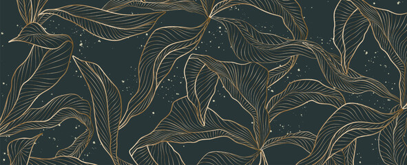 Wall Mural - abstract art background with tropical leaves of exotic plants in golden line style. botanical banner