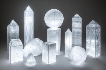 Poster - Stunning Display of Illuminated Geometric Crystal Shapes with Bright White Light Effects Against a Dark Background for Creative and Artistic Uses