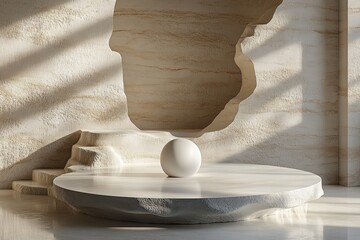 Poster - Minimalist Display Scene with White Circular Pedestal Against Textured Beige Background for Product Presentation